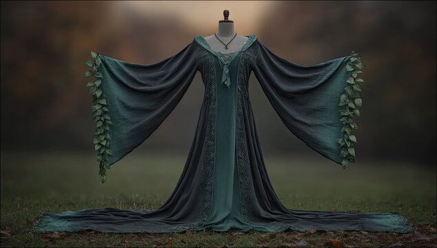 Dark teal gown, leaf accents, flowing