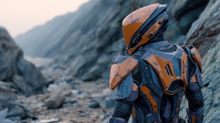 Futuristic Armored Figure in a Landscape of Boulders and Rocks