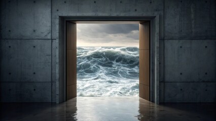 Fototapeta premium Open Door Revealing Stormy Ocean Flooding into Empty Concrete Room Interior