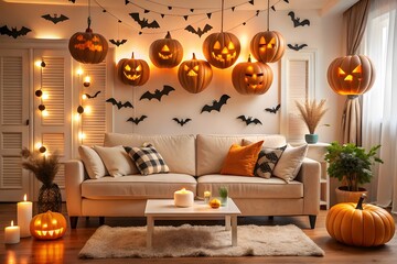 Cozy living room decorated for halloween with pumpkins and bats
