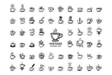 Elegant Vintage Coffee Cup Illustration icons or logos. Minimalist line art of a vintage coffee cup with ornate details. Ideal for coffee-themed designs.