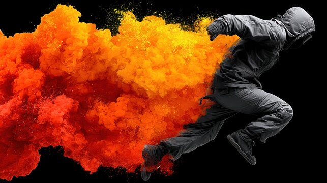 A man in a gray hoodie and pants jumps through vibrant orange and yellow smoke clouds - Powered by Adobe