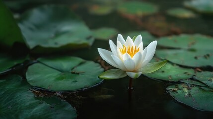 White Water Lily Flower in Calm Pond Surrounded by Green Leaves