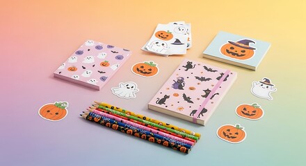 Halloween Themed Stationery with Ghost Pumpkin Bats and Witch Hat Designs on Pastel Background