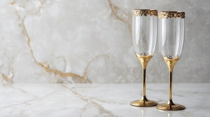 Elegant Crystal Champagne Glasses with Gold Trim on Marble Surface