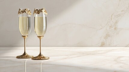 Elegant Champagne Glasses with Golden Accents on Marble Surface