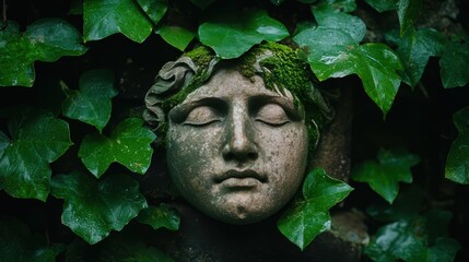 Ancient stone face sculpture covered in moss and ivy.