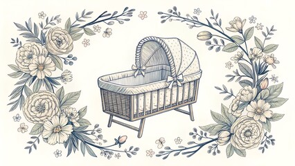 beautiful floral frame with baby cot cradle clipart