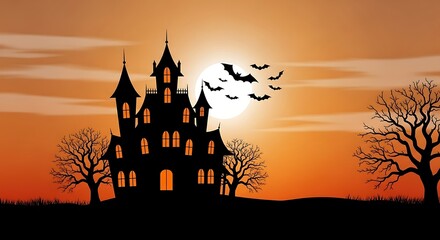 Haunted Castle Silhouette with Bats and Full Moon at Sunset