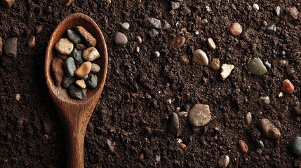 Wooden Spoon Filled with Small Stones on Dark Earth Background