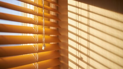 Soft Sunlight Streaming Through Wooden Venetian Blinds: Cozy and Warm Interior Scene