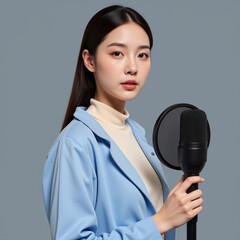 Close-up of a Young Professional Woman with a Microphone