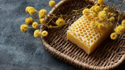 Natural Honeycomb with Yellow Flowers on Rustic Background