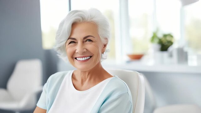 Smiling senior woman with new dental implants sitting in white dental office. Video with happy healthy old lady in medical clinic with copy space for text. An elegant elderly woman visits a doctor.