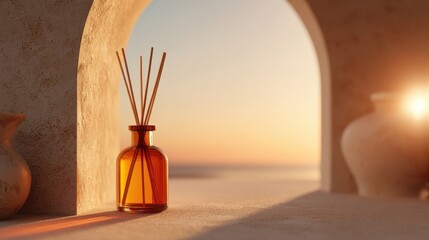 Elegant Aromatherapy Bottle with Diffuser Sticks at Sunset View