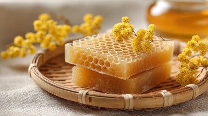 Natural Honeycomb with Yellow Flowers in Beautiful Arrangement