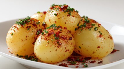 Delicious boiled potatoes with herbs and spices on a white plate
