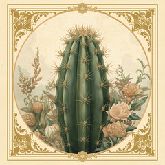 Ai generate A vintage style card illustration featuring a beautifully detailed cactus flower in full bloom, with delicate petals rendered in soft gradients of pink, yellow, and cream