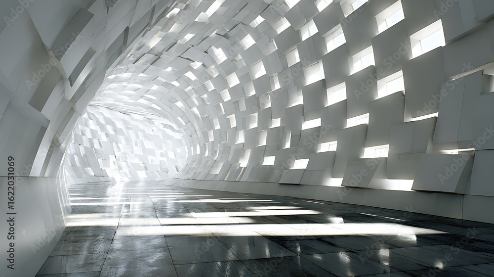Poster abstract white tunnel with geometric pattern and bright light, creating a futuristic and modern arch