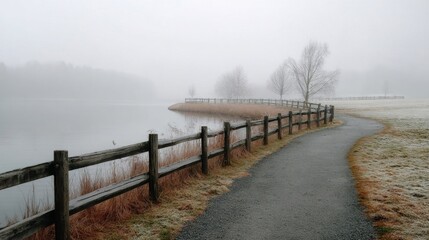 Serene Misty Landscape with Pathway and Calm Water Reflection
