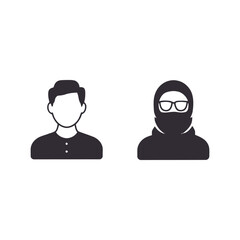 Two simple vector icons depicting a man and a woman wearing a hijab and glasses.