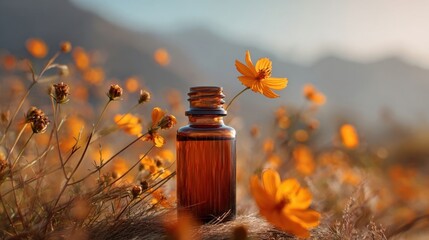 Glass Bottle Surrounded by Bright Yellow Flowers in Natural Setting
