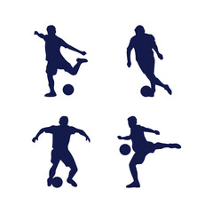 Four dark blue silhouette figures of soccer players in various action poses, kicking and controlling a soccer ball.