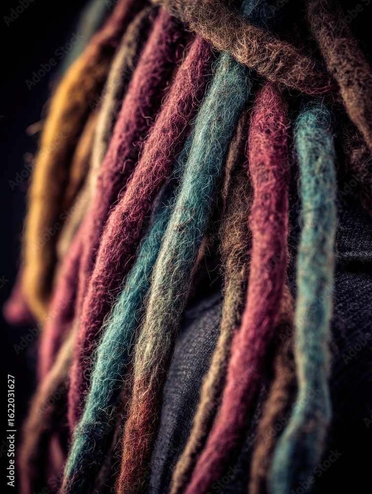 Aufkleber macro view of vibrant dreadlocks showcasing intricate texture against a dark background with soft vi