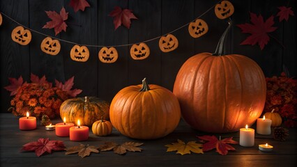 Fototapeta premium Cozy halloween scene with pumpkins candles and autumn leaves