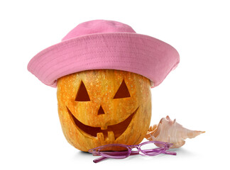 Halloween pumpkin with sunglasses, hat and seashell isolated on white background
