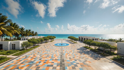 "Scenic Palm-Lined Beach Promenade with Colorful Tiles at a Modern Seaside Resort"