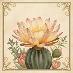 Ai generate A vintage style card illustration featuring a beautifully detailed cactus flower in full bloom, with delicate petals rendered in soft gradients of pink, yellow, and cream