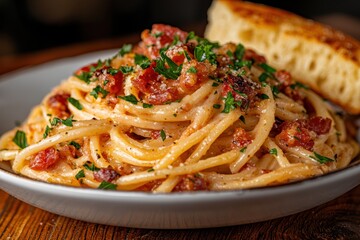 Fototapeta premium Delicious spaghetti carbonara with crispy bacon and bread.