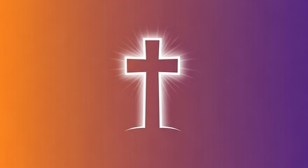 Obraz premium Neon Cross Light Icon on Vibrant Gradient Background Illuminated Religious Symbol