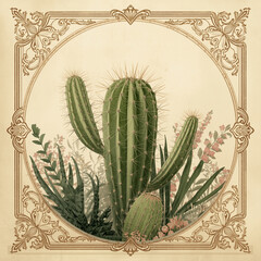 Ai generate A vintage style card illustration featuring a beautifully detailed cactus flower in full bloom, with delicate petals rendered in soft gradients of pink, yellow, and cream