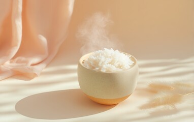 Steaming hot rice in ceramic bowl, evoking warmth