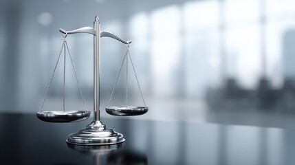 Modern minimalist scales of justice on reflective surface