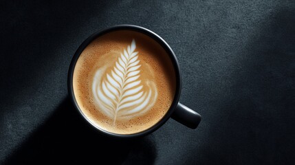 Top-Down View of a Black Ceramic Coffee Cup with Latte Art on Dark Slate Background