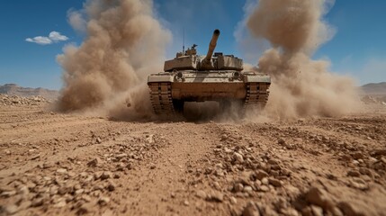 Powerful tank advances through a dusty desert landscape.