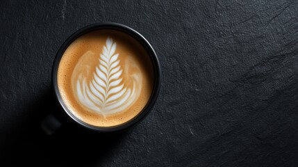 Top-down View of a Minimalist Black Ceramic Coffee Cup with Latte Art Fern Leaf