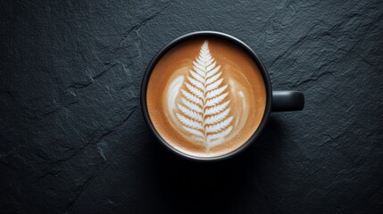 Top-Down View of Minimalist Black Ceramic Coffee Cup with Latte Art on Slate Background