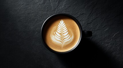 Top-Down View of a Black Ceramic Coffee Cup with Latte Art Fern Leaf
