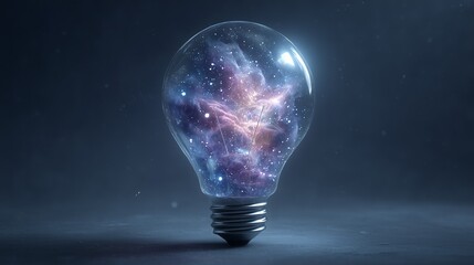 Floating glass lightbulb with swirling purple and blue nebula inside in dark space