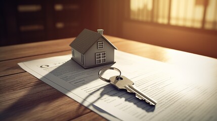 Modern silver house key on wooden desk with official document