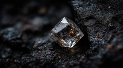 Macro photograph of a raw octahedral diamond crystal embedded in dark kimberlite rock