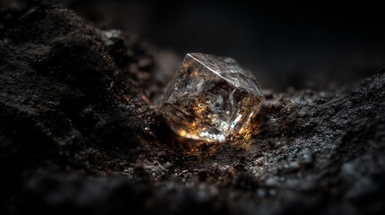Macro Photograph of a Partially Embedded Octahedral Diamond Crystal in Kimberlite Rock