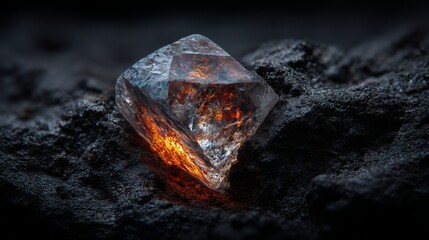Close-up of a translucent octahedral diamond crystal emerging from dark kimberlite rock