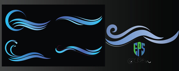 Blue Ocean wave icons in different shapes and styles. Vector illustration set. 
