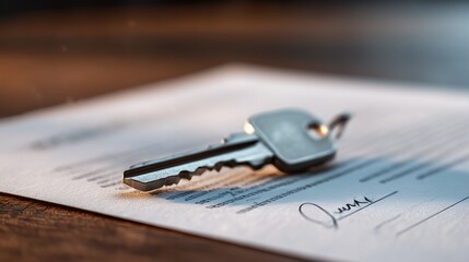 Sleek Silver House Key on Document with Wooden Desk