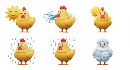 Fototapeta premium Cartoon chicken characters showing different weather conditions